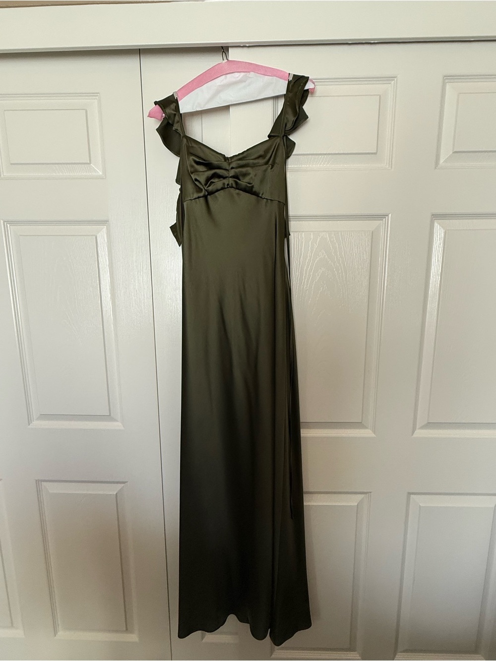 Olive Green Ruffle Strap Satin Maxi Dress